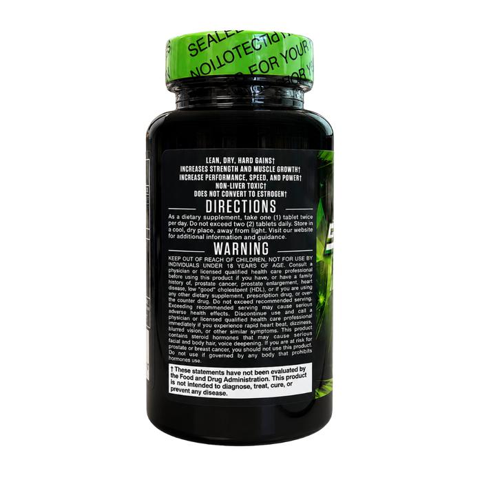 A black plastic bottle of dietary supplements shown from the back, featuring a bright green cap with white text and a black label with white text detailing directions and warnings.