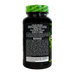 A black plastic bottle of dietary supplements shown from the back, featuring a bright green cap with white text and a black label with white text detailing directions and warnings.