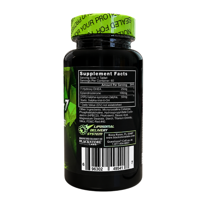 Black supplement bottle with a bright green seal and a large black label showing Supplement Facts, barcode, and Blackstone Labs branding.