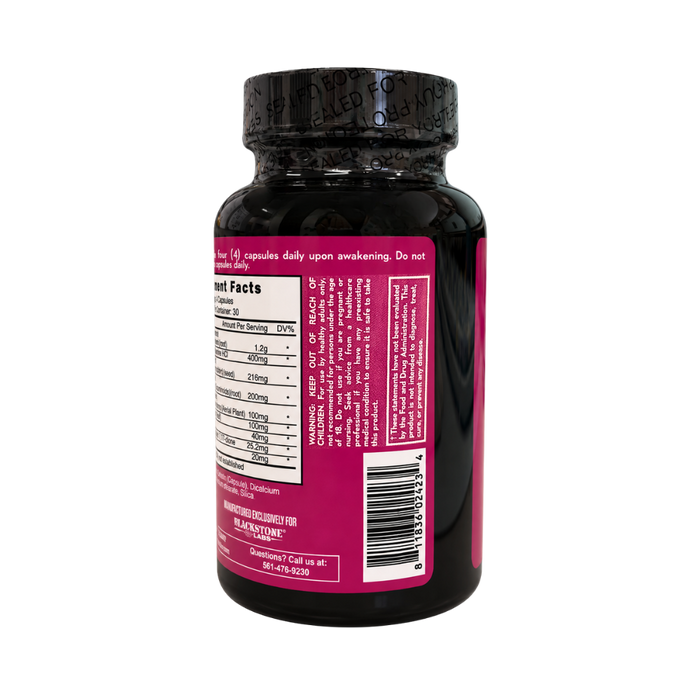 A black supplement bottle with a black cap, showing the back label with a white nutrition facts panel and a magenta background. The cap has a black seal with embossed text.