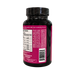 A black supplement bottle with a black cap, showing the back label with a white nutrition facts panel and a magenta background. The cap has a black seal with embossed text.