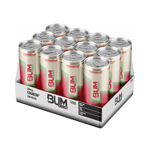 12-pack of BUM Energy drinks in a cardboard box on a white background