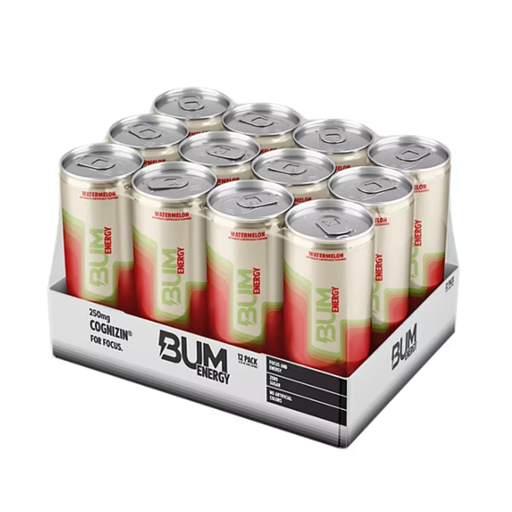 Box of BUM Energy drinks with 12 cans on a white background