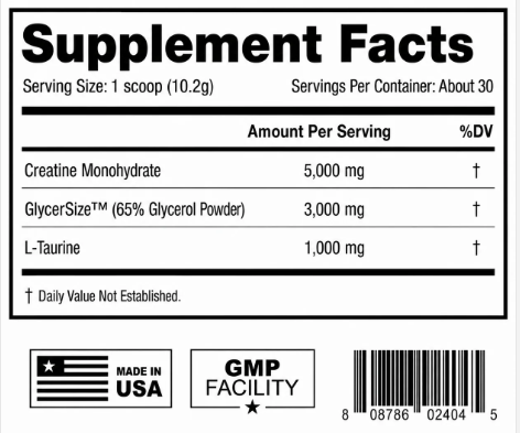 A black tub of CNDMNDS Creasize dietary supplement powder supplement facts on a plain white background.