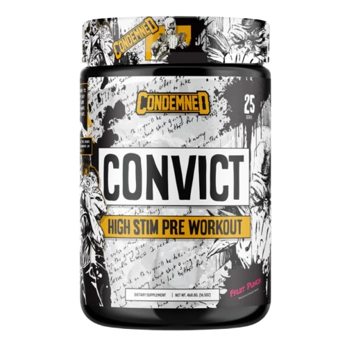 Condemned Convict High Stim Pre Workout supplement container on a white background