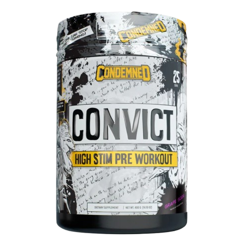 Condemned Convict High Stim Pre Workout supplement container on a white background