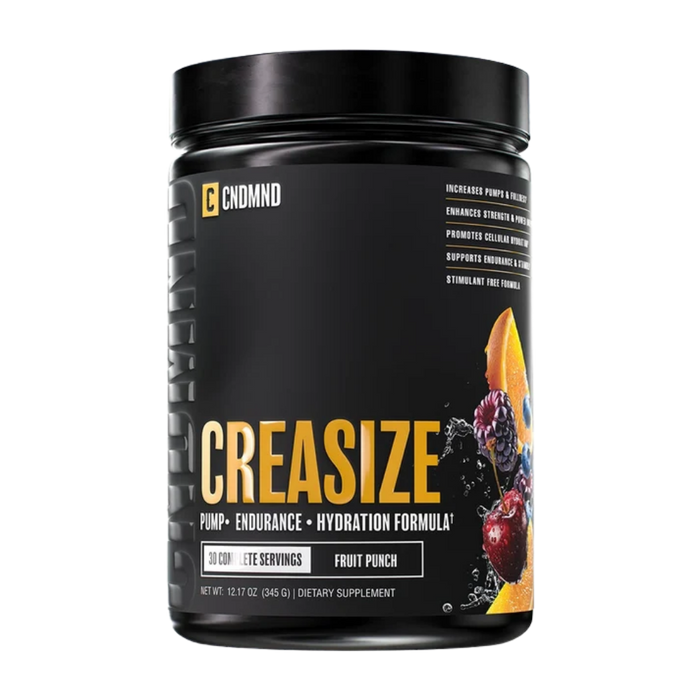 A black tub of CNDMNDS Creasize dietary supplement powder with various fruit graphics on the label, set against a plain white background.