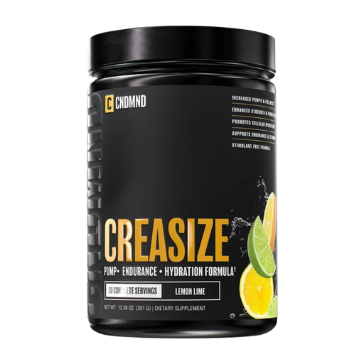 A black tub of CNDMNDS Creasize dietary supplement powder with lemon and lime graphics on the label, set against a plain white background.