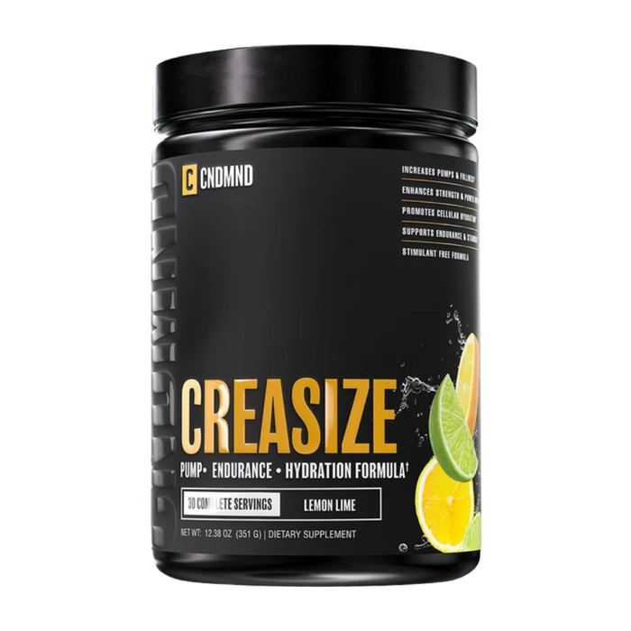 A black tub of CNDMNDS Creasize dietary supplement powder with lemon and lime graphics on the label, set against a plain white background.