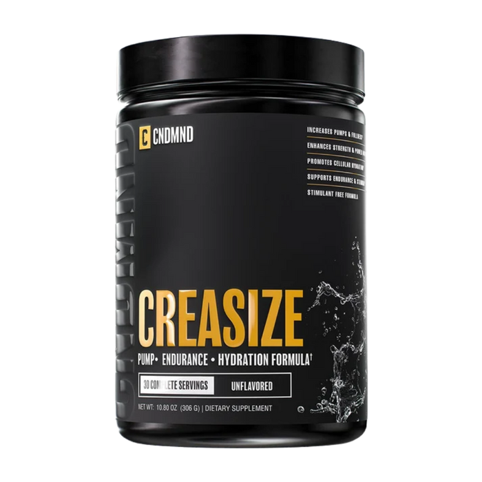 A black tub of CNDMNDS Creasize dietary supplement powder with the unflavored flavor on the label, set against a plain white background.