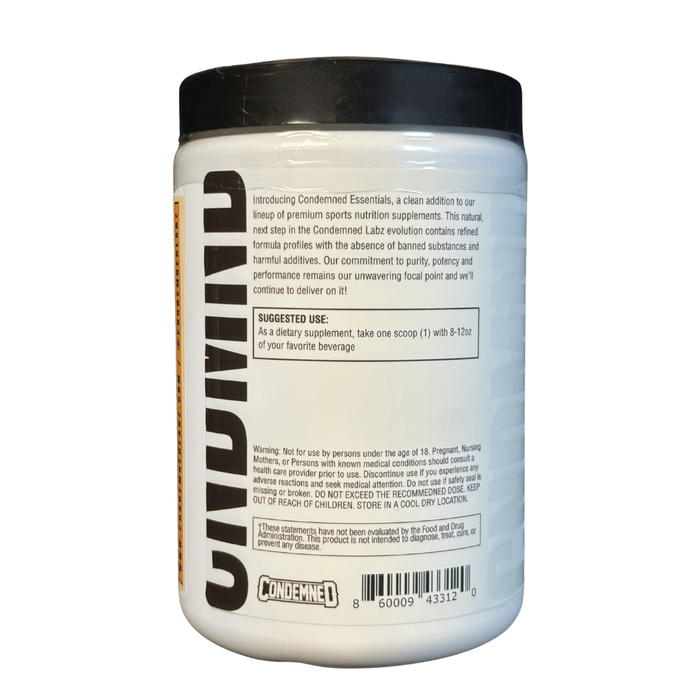 Back label of Condemned Labz Creatine container with text and branding on a white background