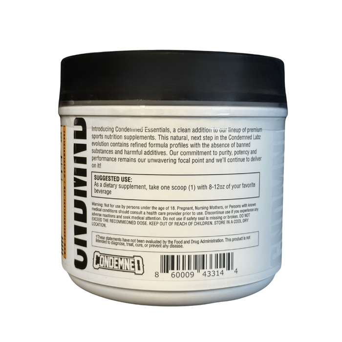 Condemned Labz Glutamine 80 Servings suggested use and warnings on a white background