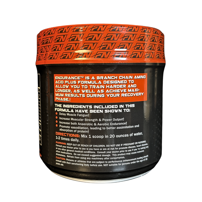 Supplement container with orange lid and black body on a white background