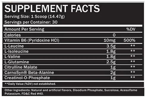 Supplement facts label with various nutrients listed on a black background