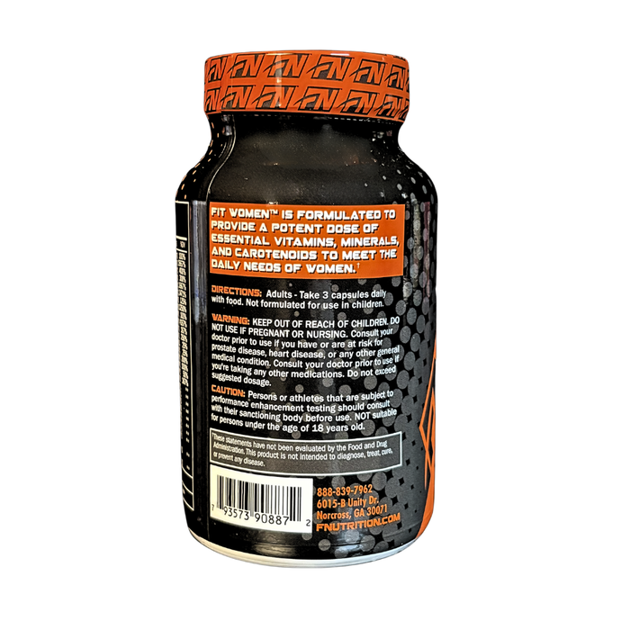 Back view of a supplement bottle with orange cap and black body on a white background