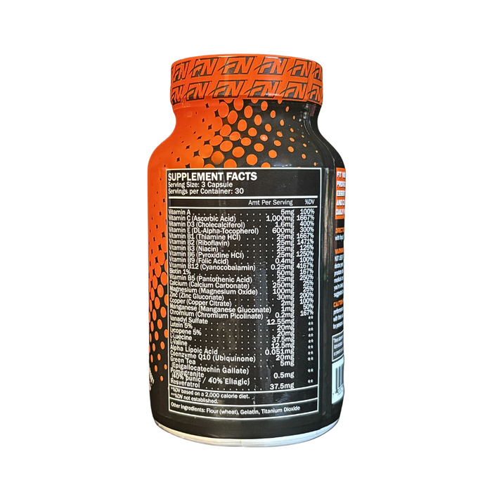 Supplement bottle with label showing supplement facts on a white background