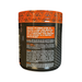 Supplement container with orange and black label on a white background