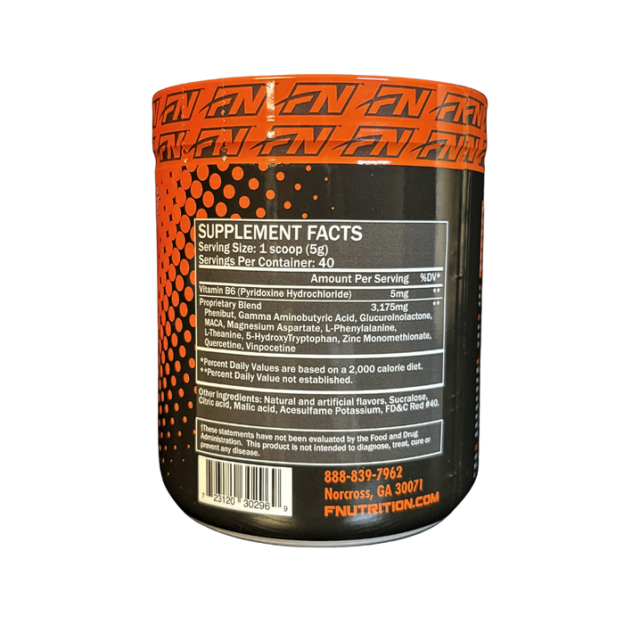 Supplement container with orange and black design on a white background