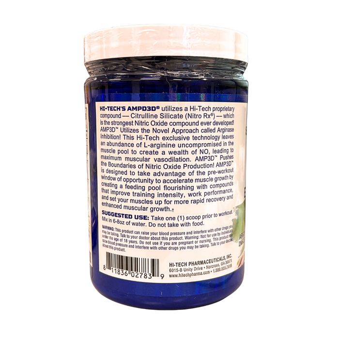 A bottle of HI-TECH AMP3D dietary supplement powder, showing the back label with product details and usage instructions, on a white background.