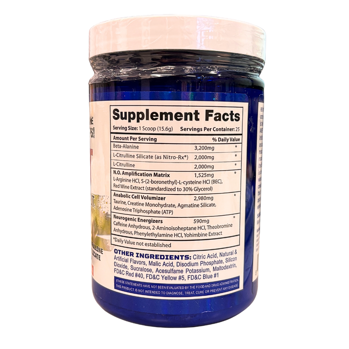 A bottle of HI-TECH AMP3D dietary supplement powder, showing the side supplement facts label with other ingredients, on a white background.