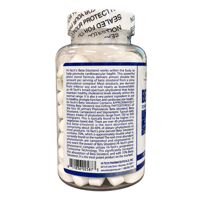 A clear plastic bottle of H6-Tech's Beta-Sitosterol dietary supplement with a white screw cap and a blue-and-white label, photographed against a plain white background.