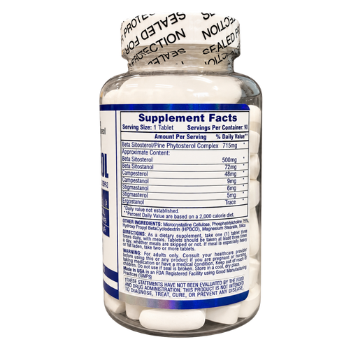 A clear plastic bottle of dietary supplements showing the back label with Supplement Facts, a white cap with a printed seal pattern, and white tablets inside.