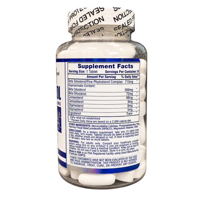 A clear plastic bottle of dietary supplements showing the back label with Supplement Facts, a white cap with a printed seal pattern, and white tablets inside.