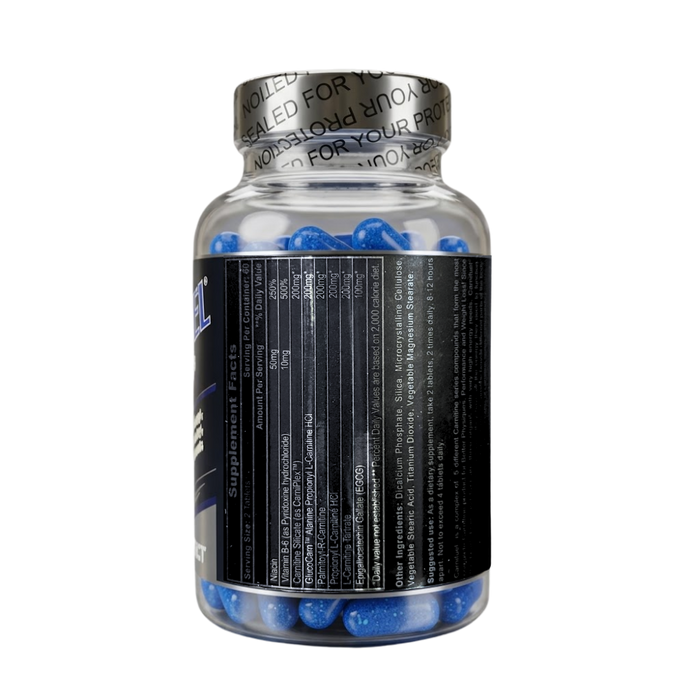 Hi-Tech CarniFuel Supplement bottle supplement facts with blue capsules on a white background