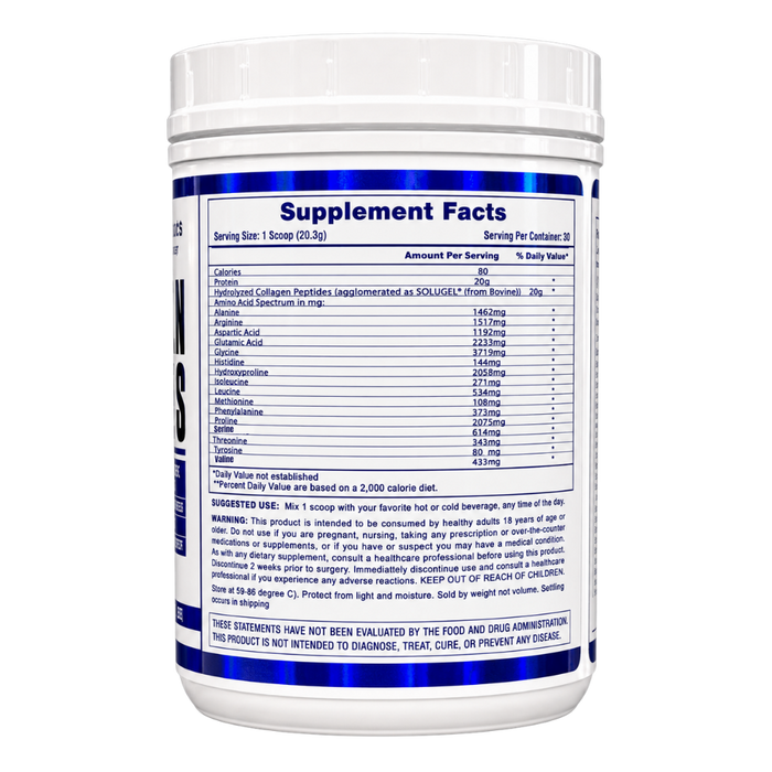 A white plastic bottle of supplement powder with a white cap, showing the detailed 'Supplement Facts' label on a clean white background.
