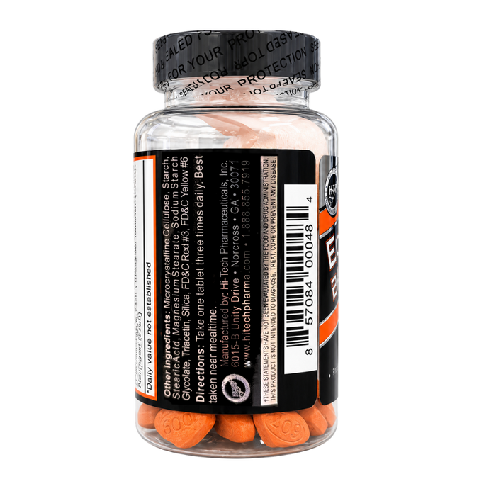 A clear supplement bottle with orange capsules visible inside, a black cap, and a black label with white and orange text. The label prominently shows other ingredients in the supplement.