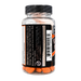 A clear supplement bottle with orange capsules visible inside, a black cap, and a black label with white and orange text. The label prominently shows other ingredients in the supplement.