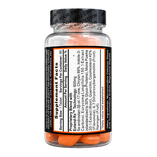 A clear supplement bottle with orange capsules visible inside, a black cap, and a black label with white and orange text. The label prominently shows Supplement Facts.