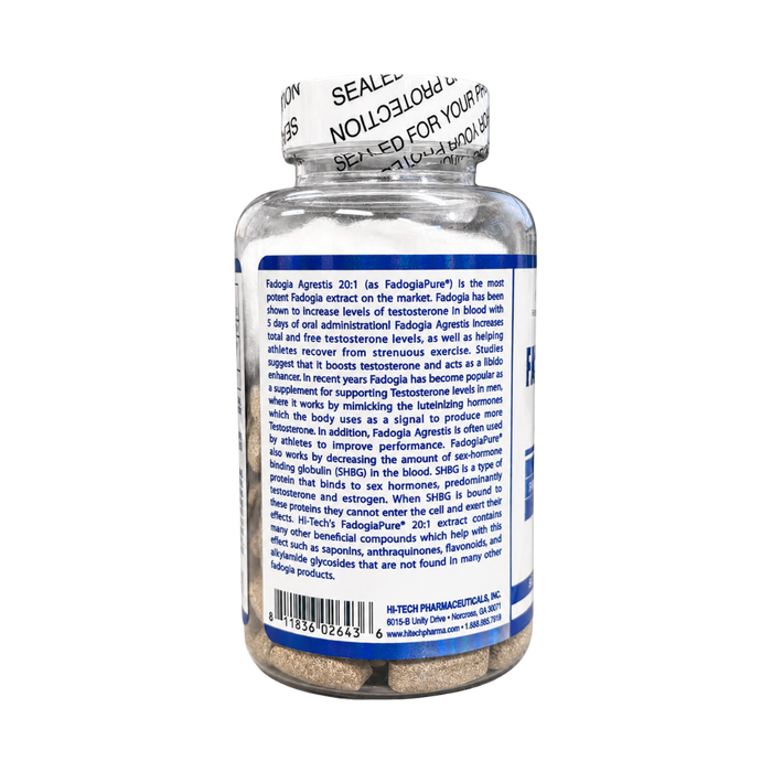 A clear plastic bottle of Fadogia Agrestis dietary supplement by Hi-Tech Pharmaceutical, showing the back label and white wax-sealed cap on a white background.