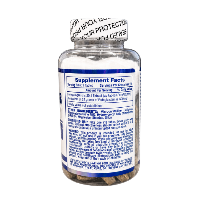 A bottle of dietary supplement capsules showing the back label with Supplement Facts, on a white background.