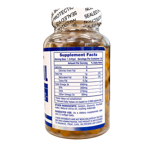 A clear supplement bottle filled with amber liquid, showing the back of the label with a supplement facts table and a white seal tape around the cap, on a white background.