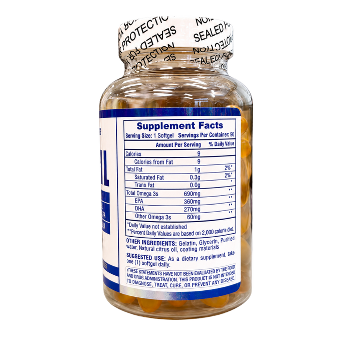 A clear supplement bottle filled with amber liquid, showing the back of the label with a supplement facts table and a white seal tape around the cap, on a white background.