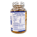 A clear supplement bottle filled with amber liquid, showing the back of the label with a supplement facts table and a white seal tape around the cap, on a white background.