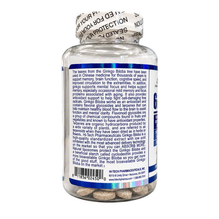 A bottle of Ginkgo Biloba supplement with a white plastic bottle and a blue label, photographed from the back against a white background.