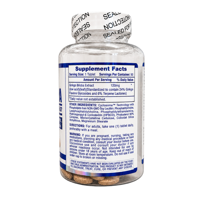 A clear supplement bottle with a white and blue label showing Supplement Facts, sealed with a black-and-white anti-theft tape. The bottle is photographed on a clean white background.