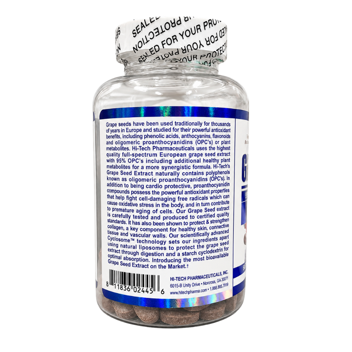 A bottle of grape seed extract dietary supplements from Hi-Tech Pharmaceuticals, showing the back label and a white cap with a product information seal.