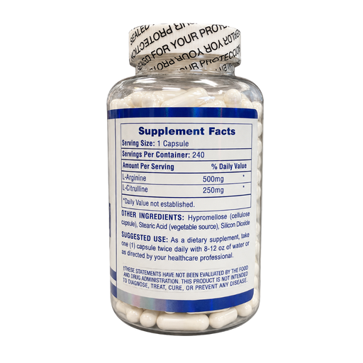 A clear plastic bottle of dietary supplements with a white cap, showing the Supplement Facts label. The bottle is filled with white capsules and contains ingredients including Hypromelose, cellulose capsule, Stearic Acid, and Silicon Dioxide.