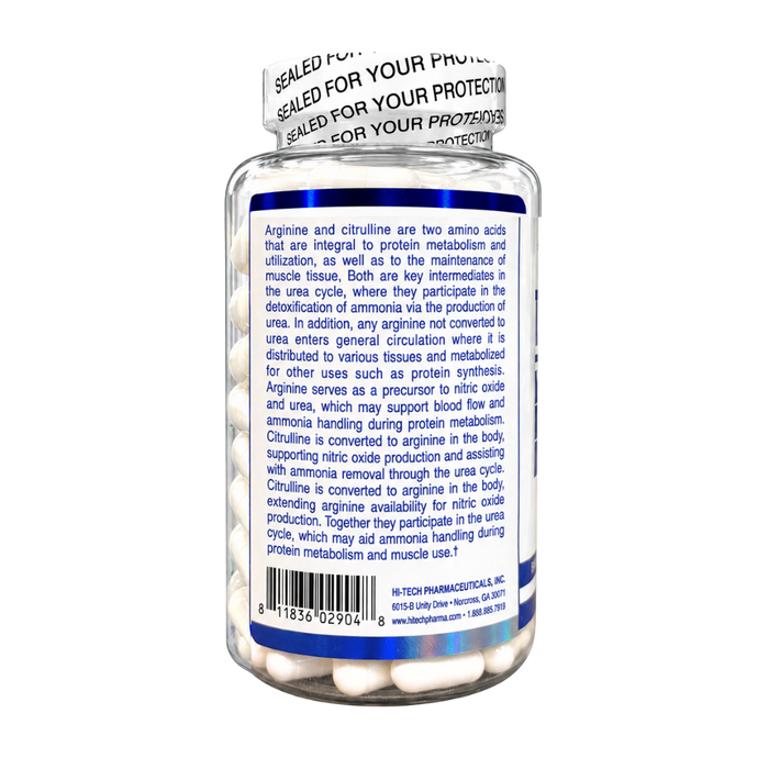 Hi-Tech Pharmaceuticals L-Arginine + L-Citrulline 120 Capsules product information on the back of the bottle on a white background.