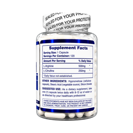 Hi-Tech Pharmaceuticals L-Arginine + L-Citrulline 120 Capsules supplement facts on the side of the bottle alongside other ingredients and the suggested use on a white background.
