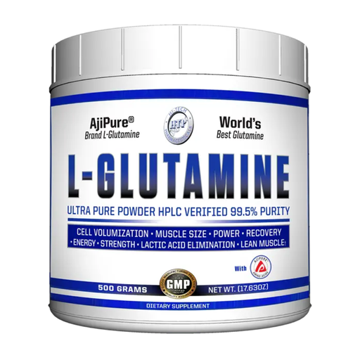 A L-Glutamine supplement container on a white background