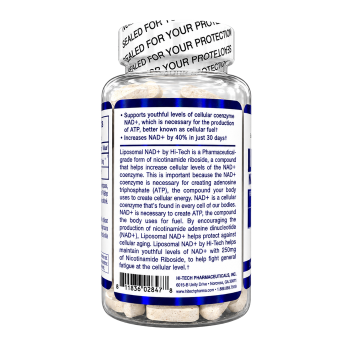 A clear plastic bottle of Liposomal NAD+ supplement with a white cap, shown from the back. The label is white with blue text and features the brand name Hi-Tech Pharmaceutical and the product name Liposomal NAD+ with descriptive text about cellular energy and NAD+ levels.