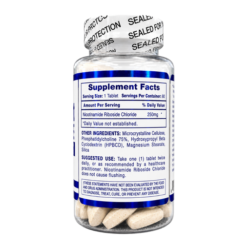 A clear plastic supplement bottle with a white and blue label showing Supplement Facts, containing beige tablets, on a white background.