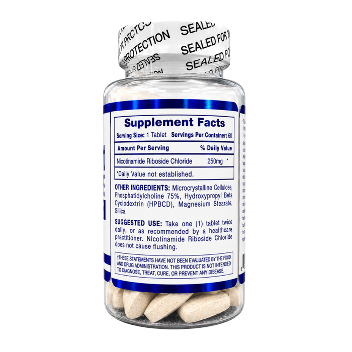 A clear plastic supplement bottle with a white and blue label showing Supplement Facts, containing beige tablets, on a white background.