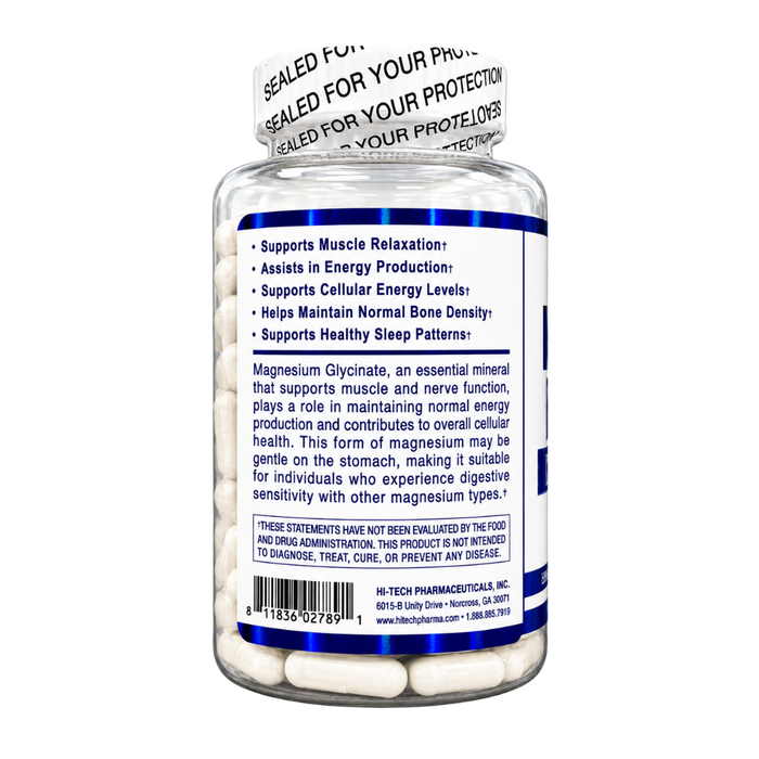A white bottle of Magnesium Glycinate dietary supplement with a clear cap, showing the back label with blue text and white seal tape at the top.