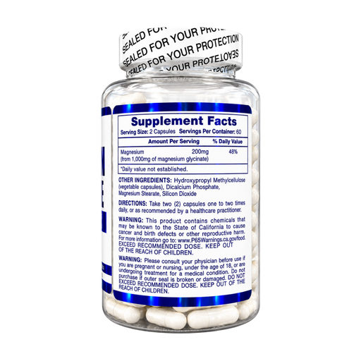 A clear supplement bottle with a white cap and a white Supplement Facts label, shown on a plain white background. The label includes blue text and a visible magnesium dosage panel.