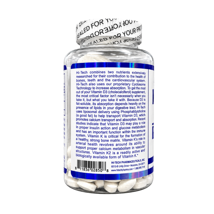 A bottle of Hi-Hi Pharmaceuticals Vitamin K2 and D3 supplement shown from the back, featuring a white label with blue borders and text, a white cap with a printed seal, and a barcode at the bottom.